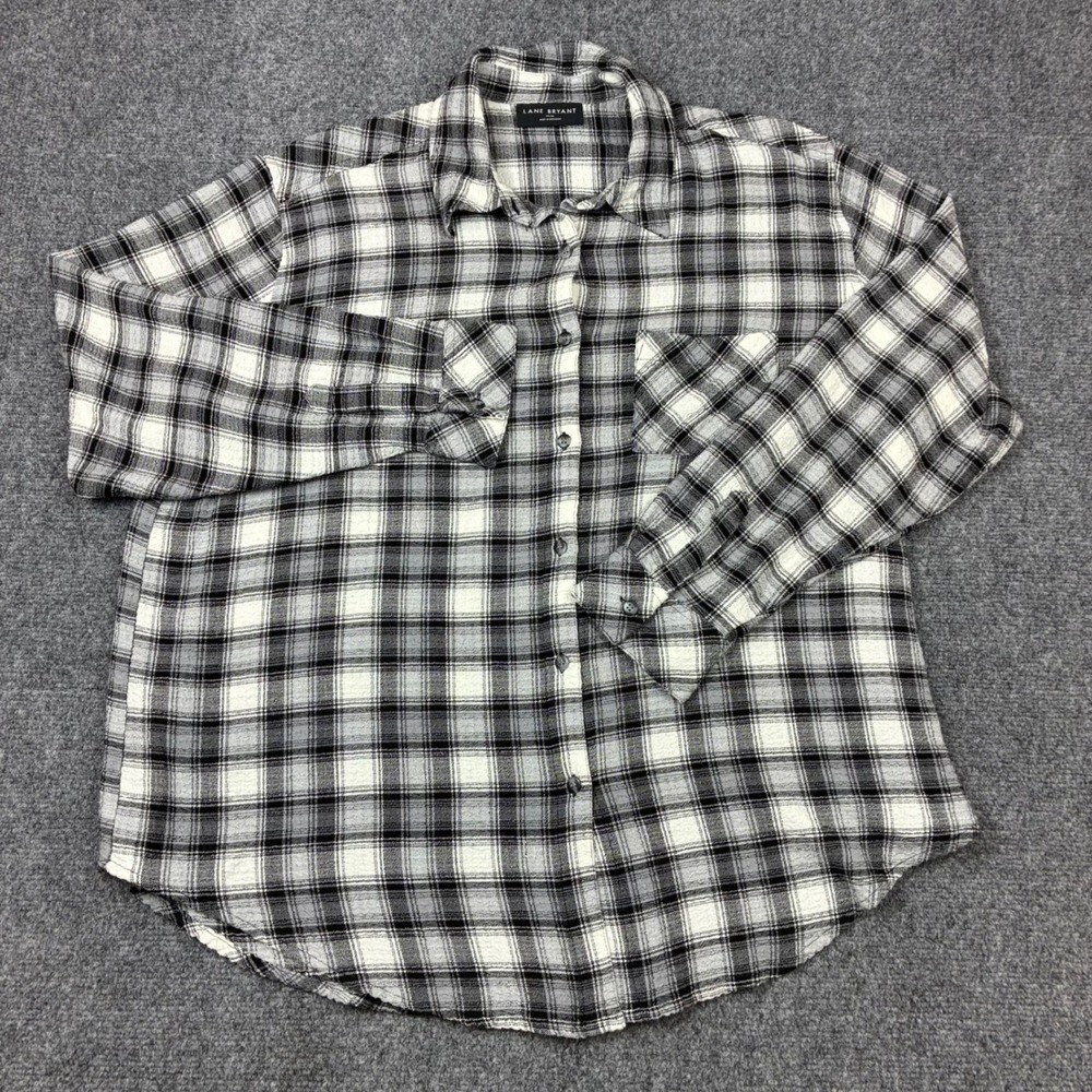 Lane Bryant Womens Size 14/16 Plaid Button Down Shirt Black White Grey
